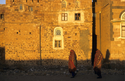 Couché de soleil sur les maisons en pierre de Kawkaban, Yemen